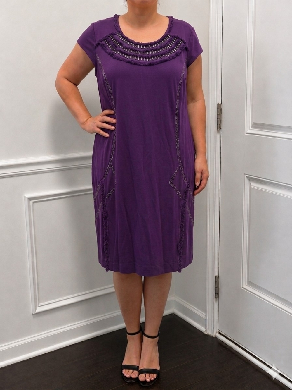 Ashro Purple Short-Sleeve Midi Dress with Decorative Yoke